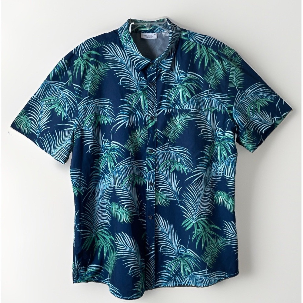 PROJEK RAW Blue Palm Print  Button‎ Up Lightweight Casual Camp Shirt Men's 2XL